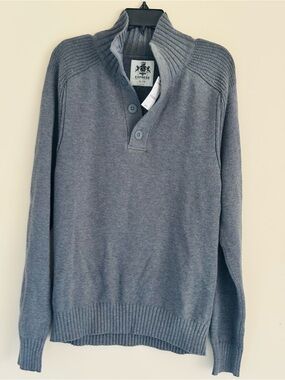 NWT Express Men's Gray Ribbed Collar Button-Up Turtleneck Sweater /100% Cotton